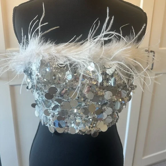Silver Sequin Feather Tube Top - Picture 4 of 10